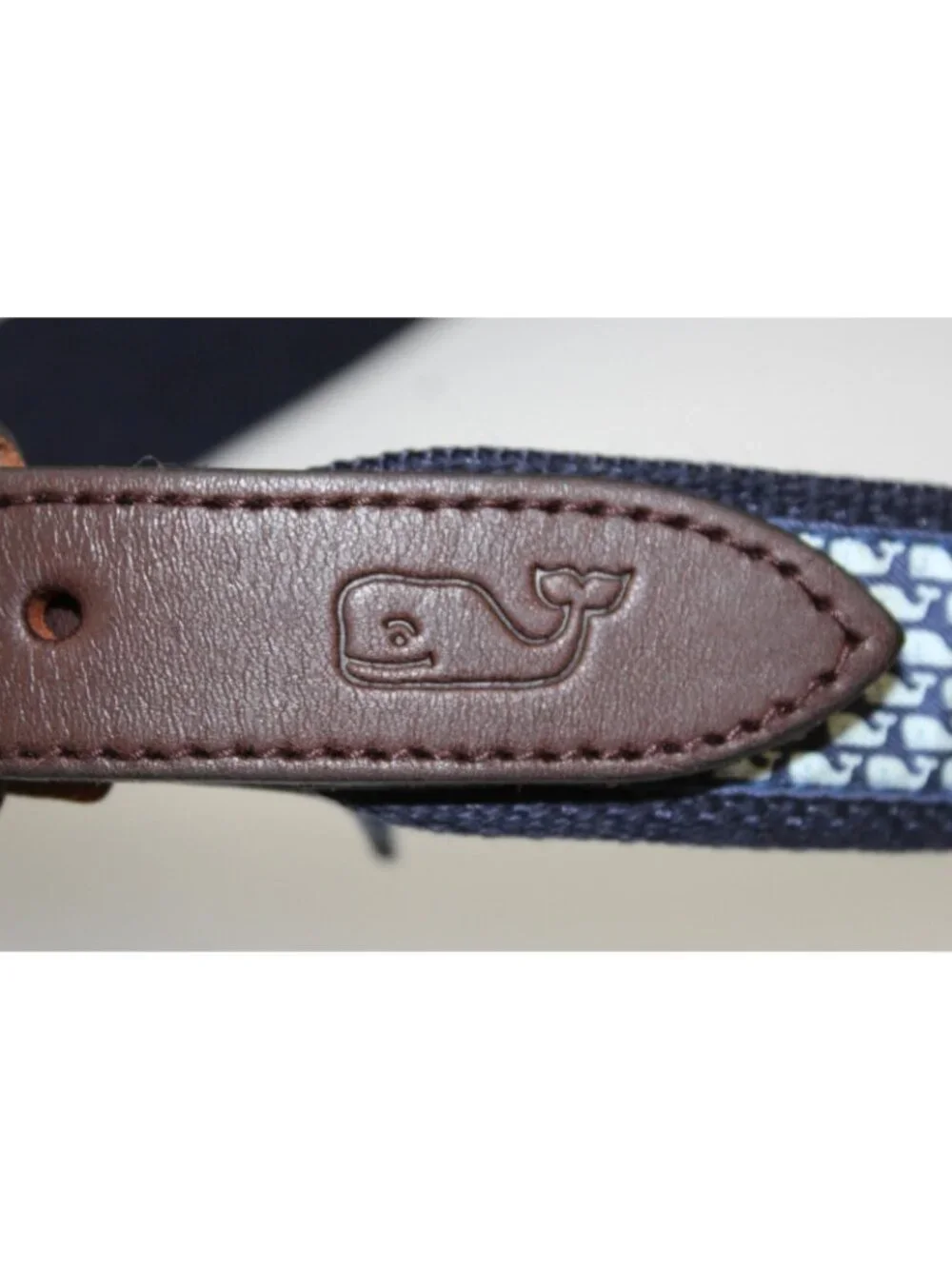 Vineyard Vines Blue Micro Whale Print Canvas Belt Youth 28 Leather Brass Buckle